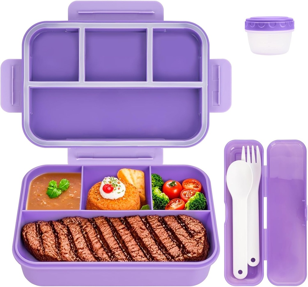 Kids Bento Lunch Box, Lunch Containers for Adults with 4 Compartments, Reusable Kids Lunch Box Containers Microwave Dishwasher Safe for Work, Travel, Purple Bento Lunchbox (BPA-Free&Leakproof)