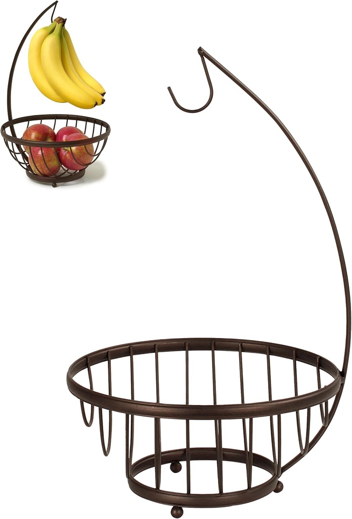 Spectrum Ashley Fruit Basket for Kitchen Counter with Banana Tree Hanger - Open Wire Vegetable & Fruit Bowl & Banana Hook Holder - Produce Storage Stand