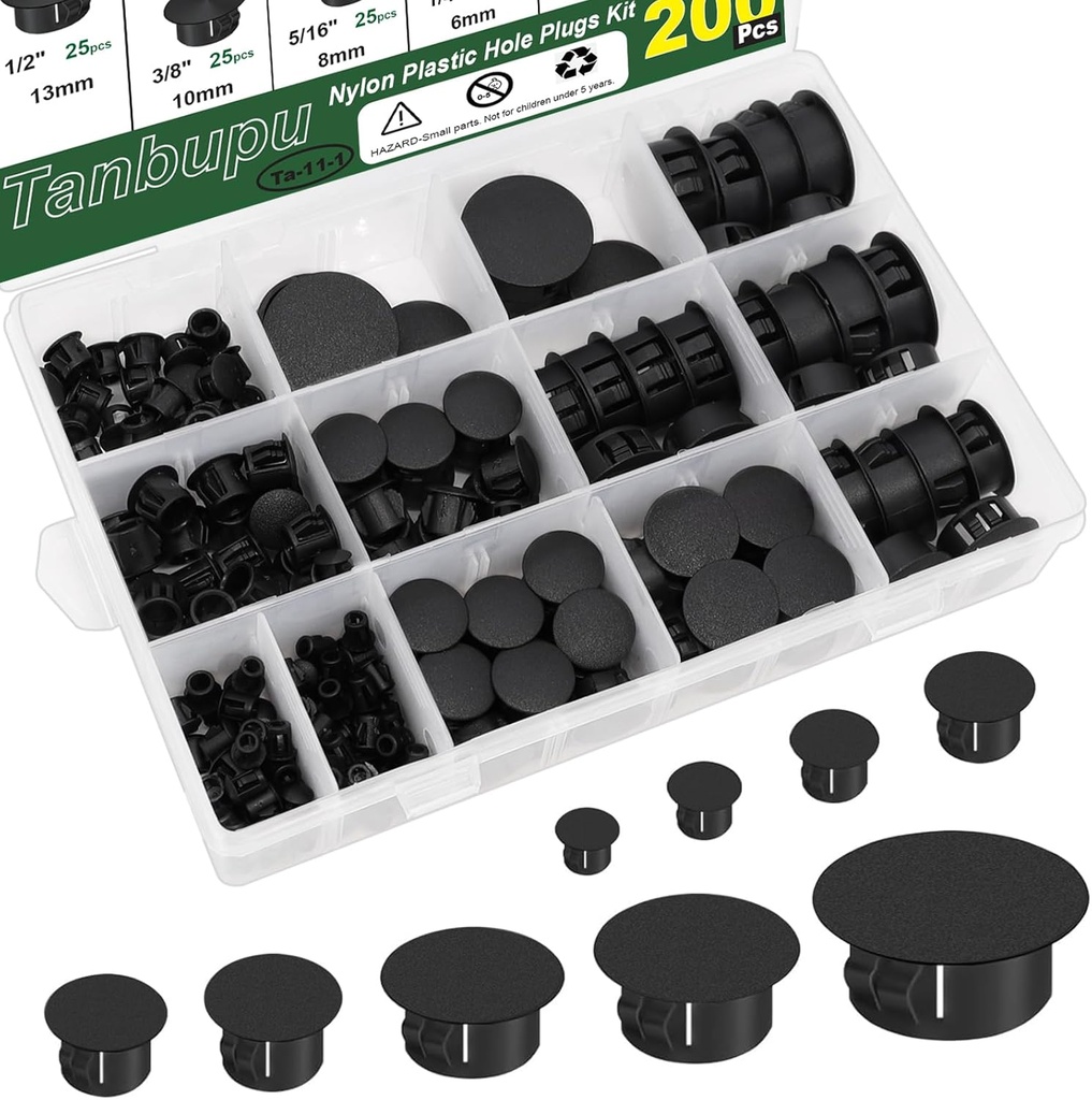 200Pcs 9 Sizes Nylon Plastic Hole Plugs 1/5" 1/4" 5/16" 3/8" 1/2" 5/8" 3/4" 7/8" 1"Round Hole, Flush Type Panel Knockout Locking Plugs,Screw Covers for Furniture Cabinet Insert End Caps(black)