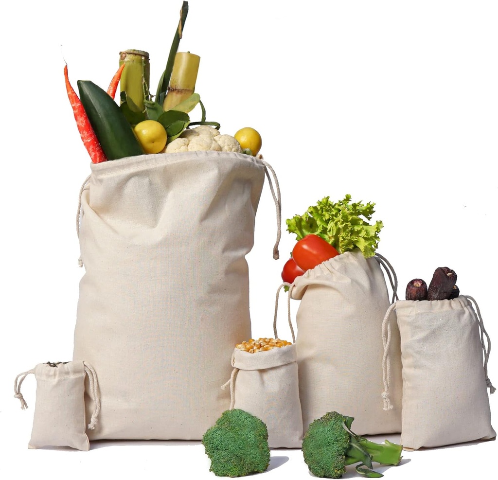 10-Pack 10” x 12” Reusable Produce Bags, Muslin Bags with Drawstrings for Shopping & Storage, Premium Quality Reusable Eco-Friendly Natural Muslin Bags