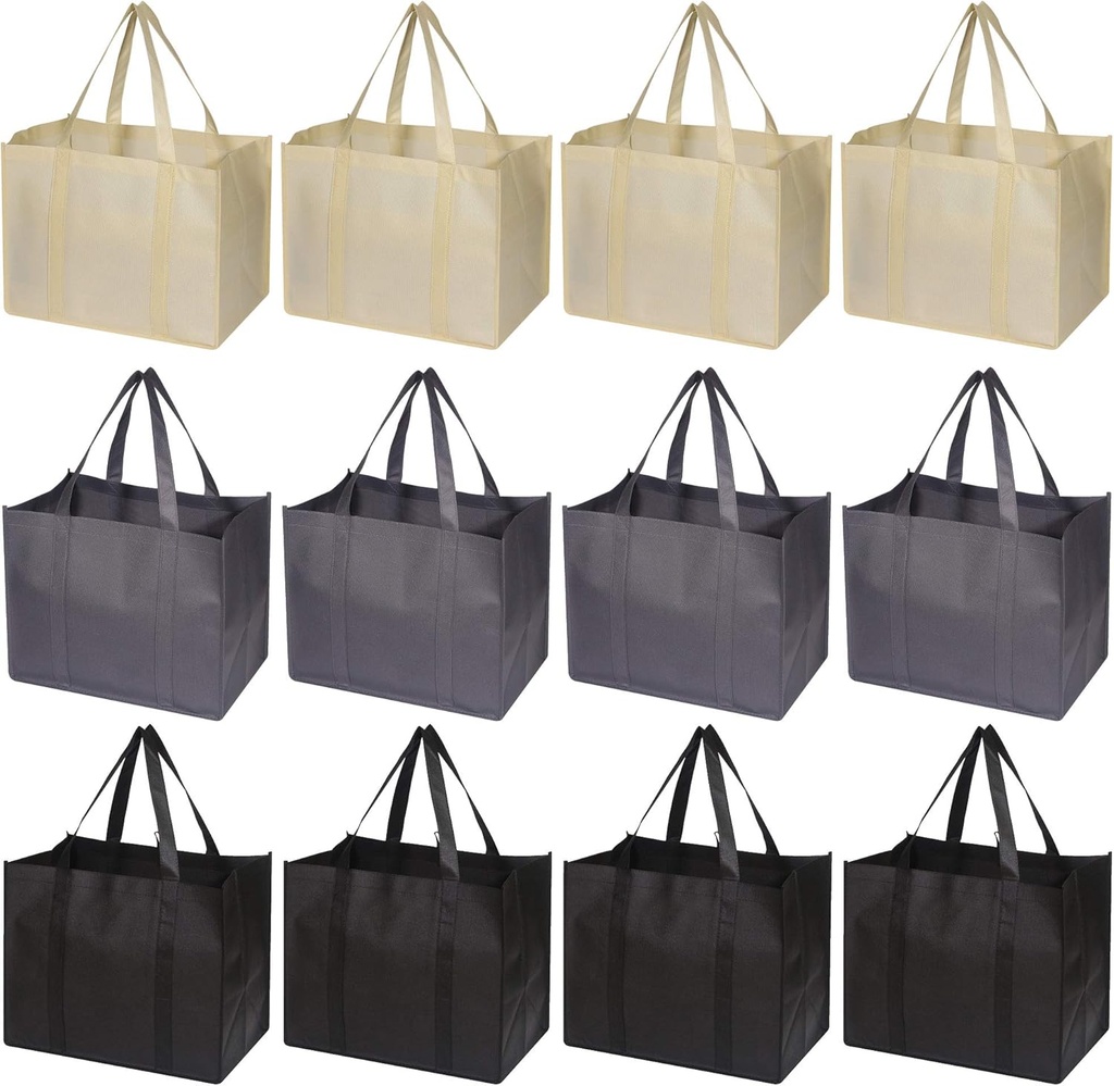 DIOMMELL Set of 12 Reusable Grocery Bags Large Foldable Heavy Duty Shopping Tote Produce Bag with Reinforced Handles for Groceries Clothes Vegetables Fruit, Black Grey Beige