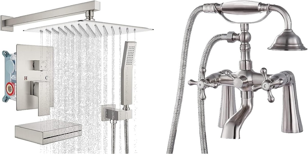gotonovo Shower Faucet Set with Tub Spout Brushed Nickel 10” Square Shower Head Handheld Spray Deck Mount Bathtub Clawfoot Faucet with Handheld Shower Telephone Shaped Sprayer 2 Cross Handle