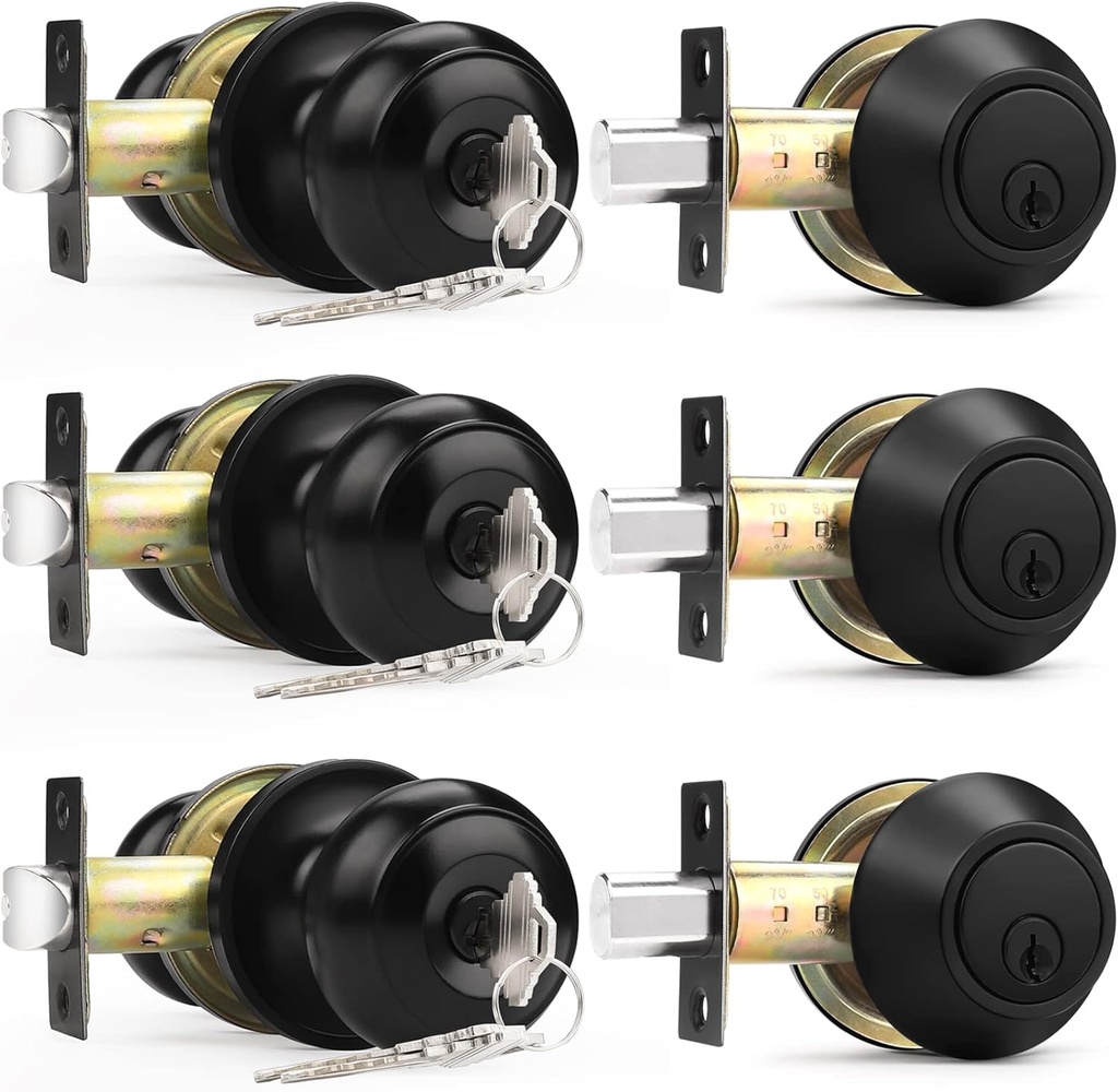 Probrico Entry Door Knobs Lock Set and Single Cylinder Deadbolt Combination Set, Entry Door Locksets with Deadbolt Same Key， Flat Black (3 Pack), Keyed Alike