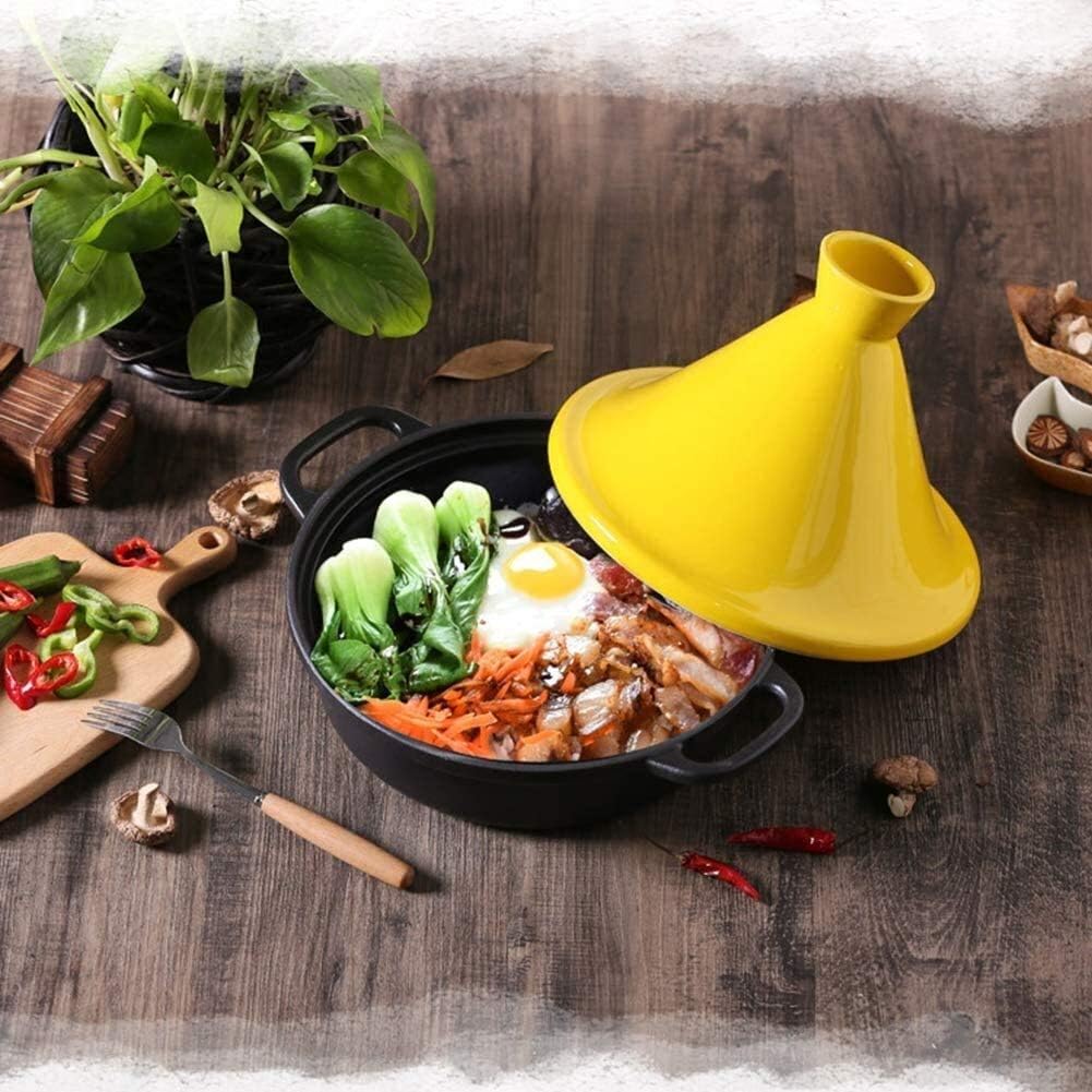 Ceramic Cooking Pot Casserole Dishes with Lids Cast Iron Tagine Pot 20Cm,Tajine Cooking Pot with Enameled Cast Iron Base and Cone-Shaped Lid Lead Free Stew Casserole Slow Cooker,Yellow Casse