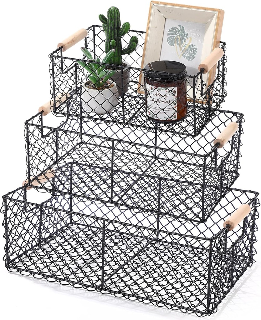Honeydak 3 Set Wire Basket for Organizing with Wooden Handle Vintage Style Rectangle Mesh Metal Basket Food Storage Organizer for Home Kitchen Pantry Bathroom Picnic Cabinets(Black)