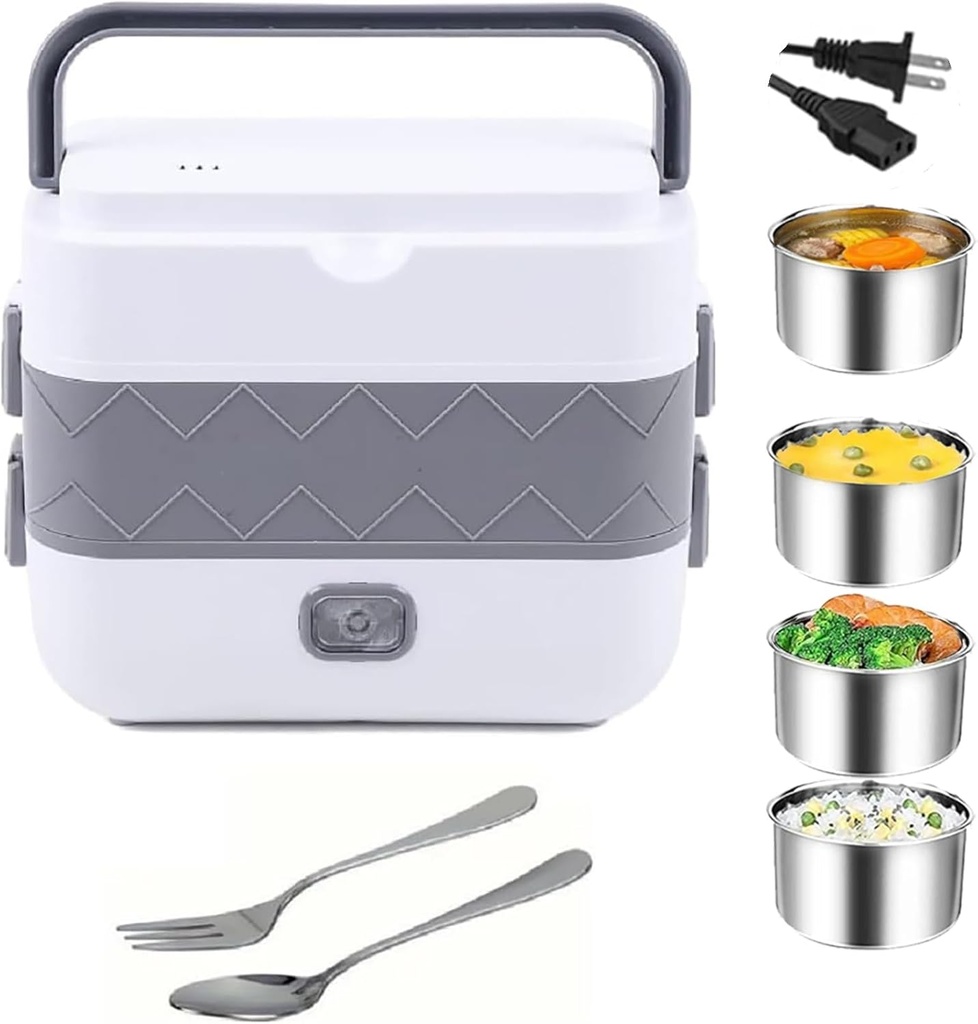 Portable Self Cooking Electric Lunch Box, 2L Mini Rice Cooker, 2 Layers 4 Stainless Steel Steamer Food Insulation Lunch Box for Home Office School Travel Kitchen Cook Raw Food, 110V/250-300W