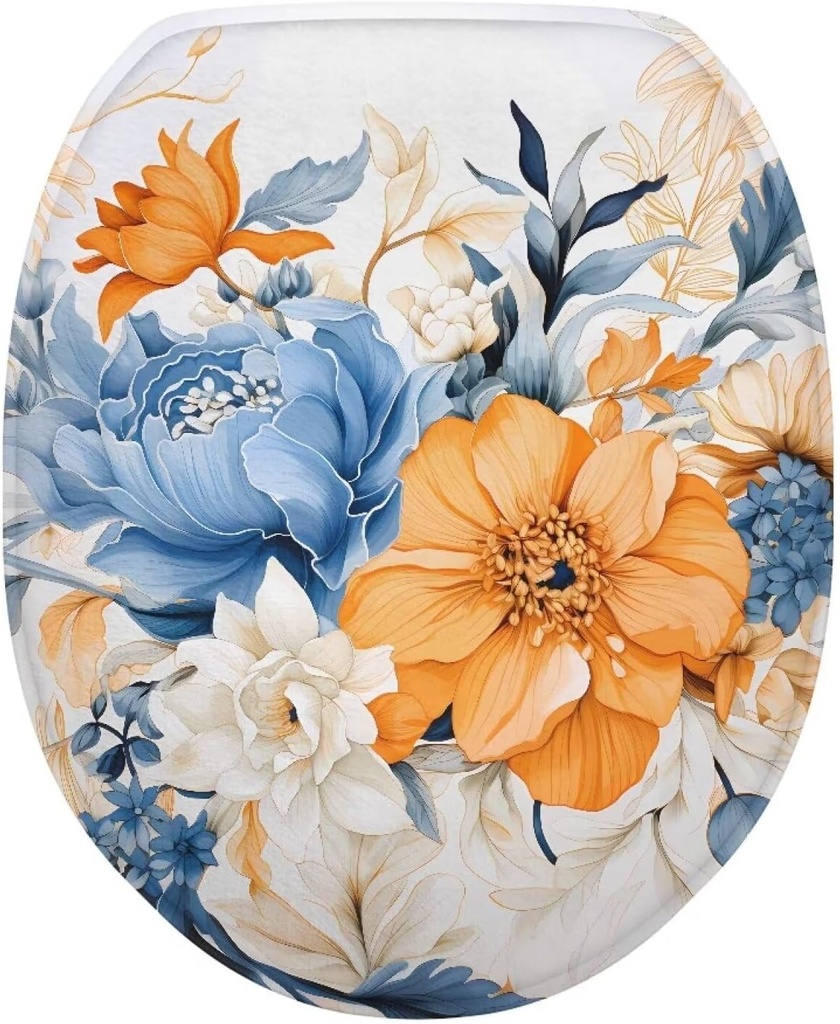 Blue Flower Print Toilet Seat Covers for Bathroom Polyester Fabric Soft and Breathable Toilet Lid Cover Polyester Fabric Universal for Most Toilet Bowl Lids