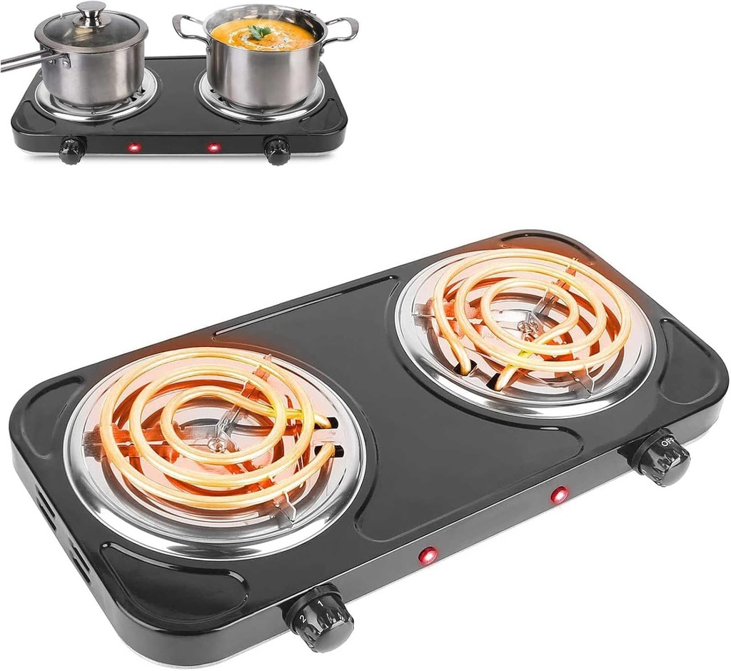 Hot Plate, 2000W Portable Electric Double Coil Burner with Dual Control & 5 Level Temperature Control, Easy to Clean, Lightweight Stainless Steel Countertop Stove for Kitchen Dorm Camping,110V