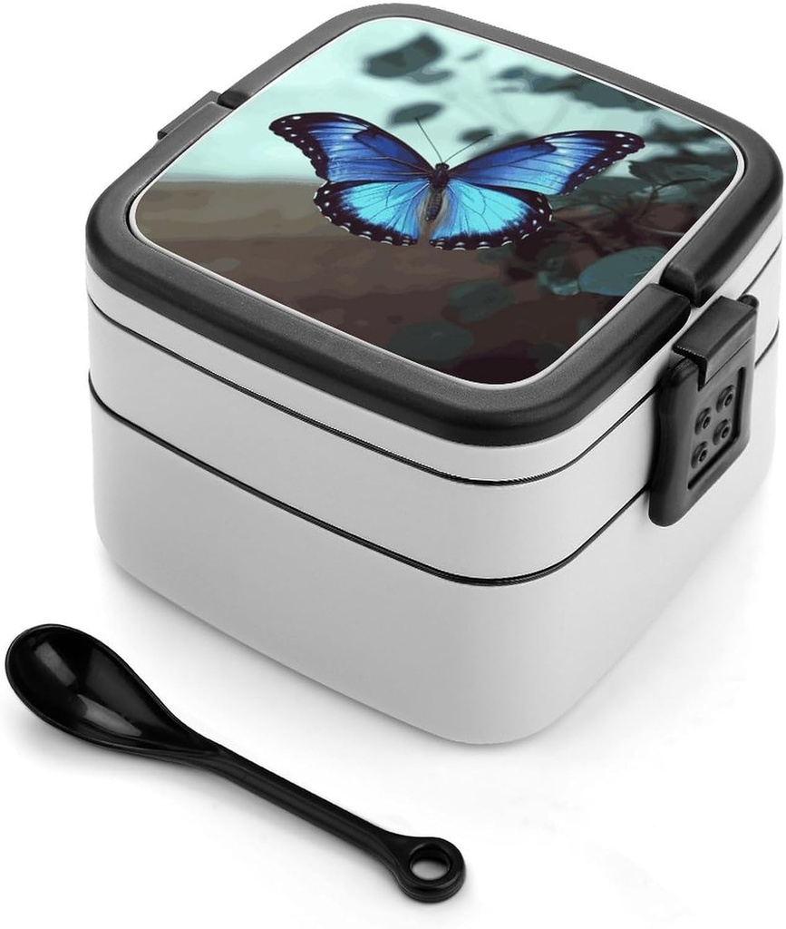 Personalize Double Layer Bento Box Blue Butterfly Lunch Box - Durable, Leak-Proof with Spoon Adult Premium Bento Case for Work Travel Camping