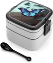 Personalize Double Layer Bento Box Blue Butterfly Lunch Box - Durable, Leak-Proof with Spoon Adult Premium Bento Case for Work Travel Camping