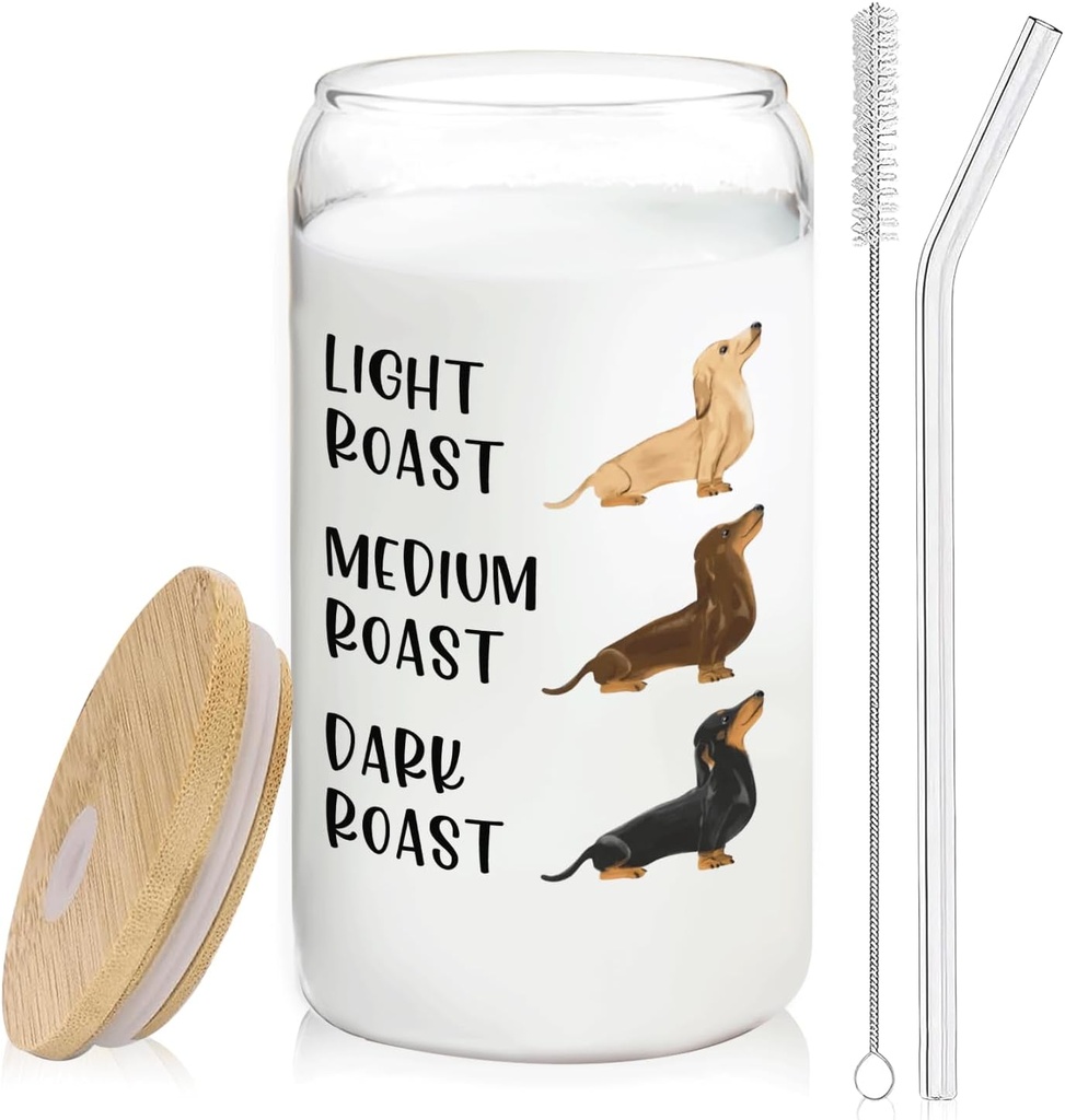 Dachshund Coffee Glass Cup Gifts for Women, 14oz Dachshund Tumbler with Lid and Straw, Funny Wiener Dog Drinking Jar