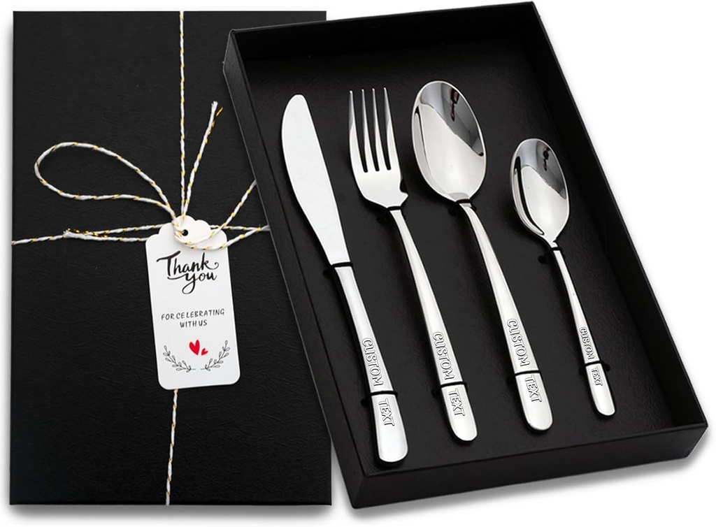 Personalized Silverware Set, Custom Engraved Name 4 Piece Stainless Steel Flatware, Mirror Polished Cutlery Utensil Including Fork Spoon and Knife for Birthday Christmas Back to School Party Gifts