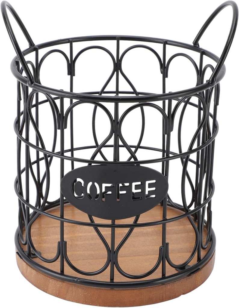 Modern Coffee Pod Storage Basket, Black Wire with Wooden Base, Large Capacity Holder for Espresso Capsules, Coffee Station Organizer