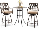 3 Piece Swivel Outdoor Table and Chairs Bar Set , All-Weather Cast Aluminum Outdoor High Top Patio Bar Set Bistro Set, High Swivel Stools with Cushions Umberlla Hole for Balcony, Poolside,Garden,Lawn