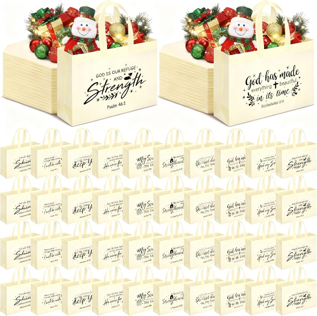 Paterr 100 Pcs Christmas Religious Tote Bags 12 x 12 Inches Large Christian Bible Non Woven Reusable Goodie Bags with Handles for Women