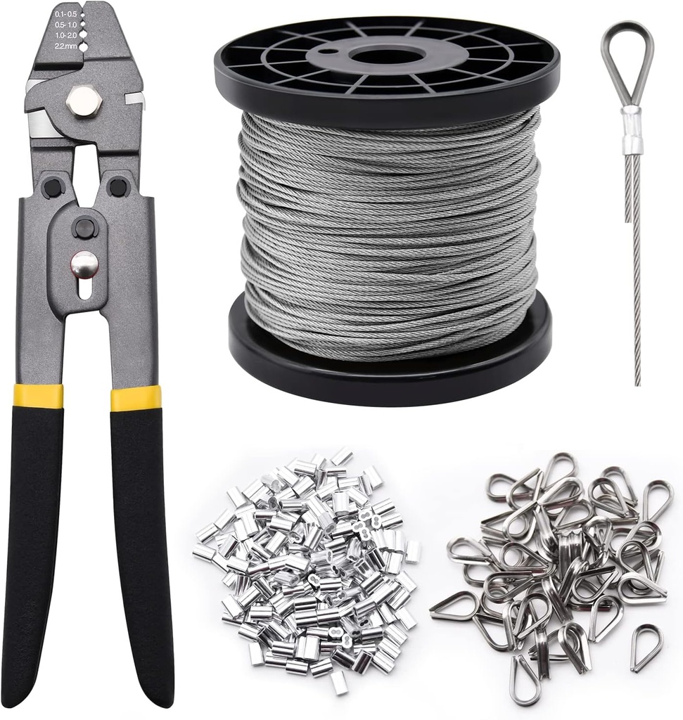 328ft Wire Rope Crimping Tool Kit, 1/16" Stainless Steel Wire Rope Cable with Aluminum Crimping Sleeves and Stainless Steel Thimbles for Railing, Decking, Picture Hanging