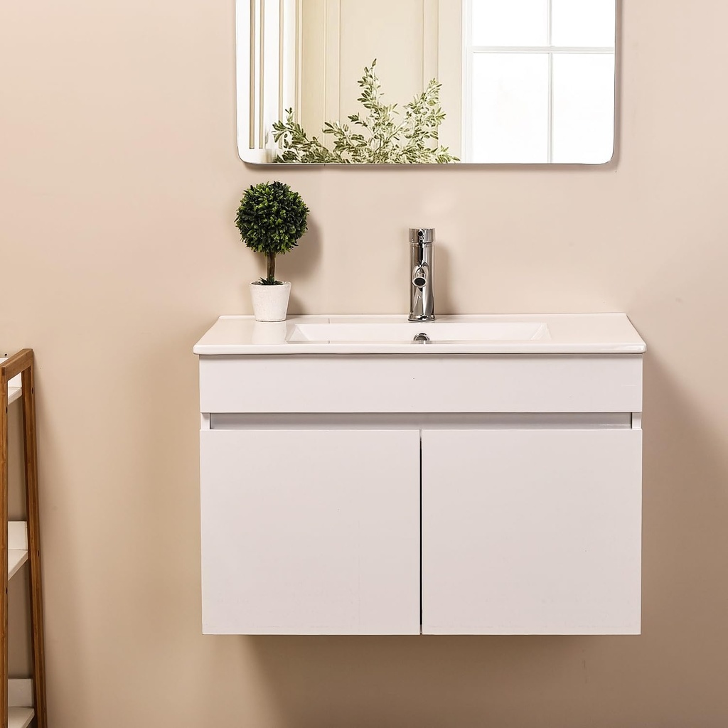 outdoor basic 30" Modern Bathroom Vanity with Ceramic Basin and Faucet;Wall Mounted Floating Bathroom Vanity Sink with Soft Closing 2 Doors of Large Storage Space
