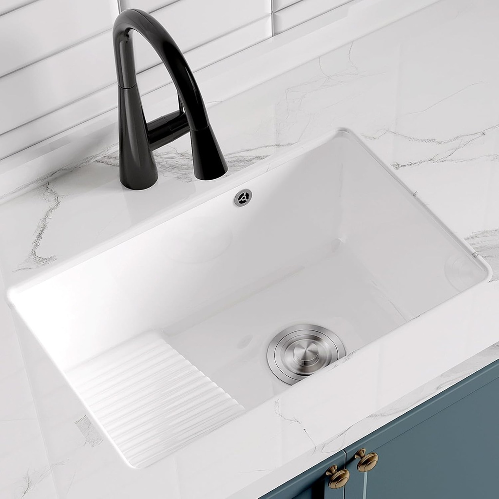 Undermount Bathroom Sink Rectangular 23.8 x 15.75 inch Porcelain Ceramic Vessel Sink with Washboard Under Counter Lavatory Vanity Basin with Overflow, White