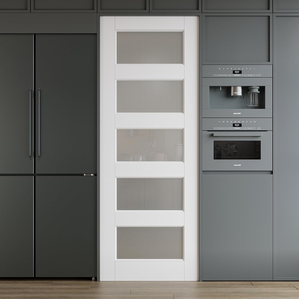 WINSTELLAR 28 x 80 5-Panel Prebuilt Interior Frosted Glass Door Slab, Paintable Interior Doors for Home, Bedroom, Pantry, Laundry Room as Prehung, Pocket, French, Barn Doors, White Door Panel