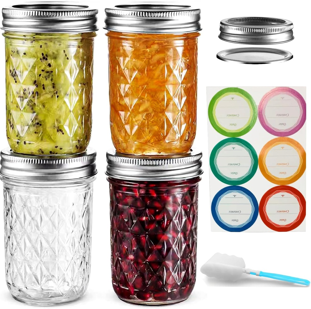 Mason Jars 8 oz Wide Mouth, 4 Pack with Airtight Lids - Food Grade Glass, Free Brush & Stickers for Food Storage, Canning, DIY Gifts