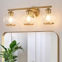 Brushed Gold Bathroom Vanity Light Over Mirror, 3 Light Bathroom Light Fixtures with Clear Globe Glass Shade, Modern Vanity Lighting Wall Mounted