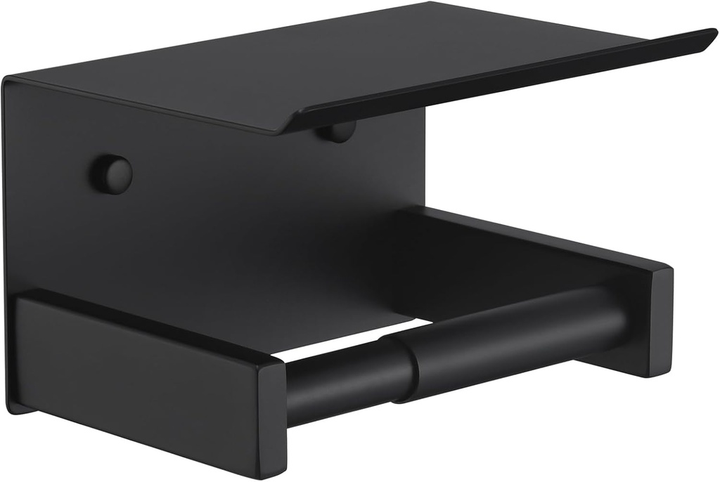 KOKOSIRI Roll Paper Holder Spring Loaded Tissue Paper Holder Bathroom Toilet Roll Holder with Shelf Wall Mounted Stainless Steel Matte Black B2012BK