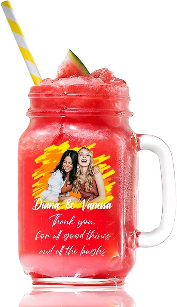 Personalized Photo&Text Mason Jar for Family Friends Custom Drinkware Glassware Cup Gift Glass for Besties Birthdays Holiday Weddings Xmas Valentine's Day（16oz,Includes Metal Lid and Plastic Straw