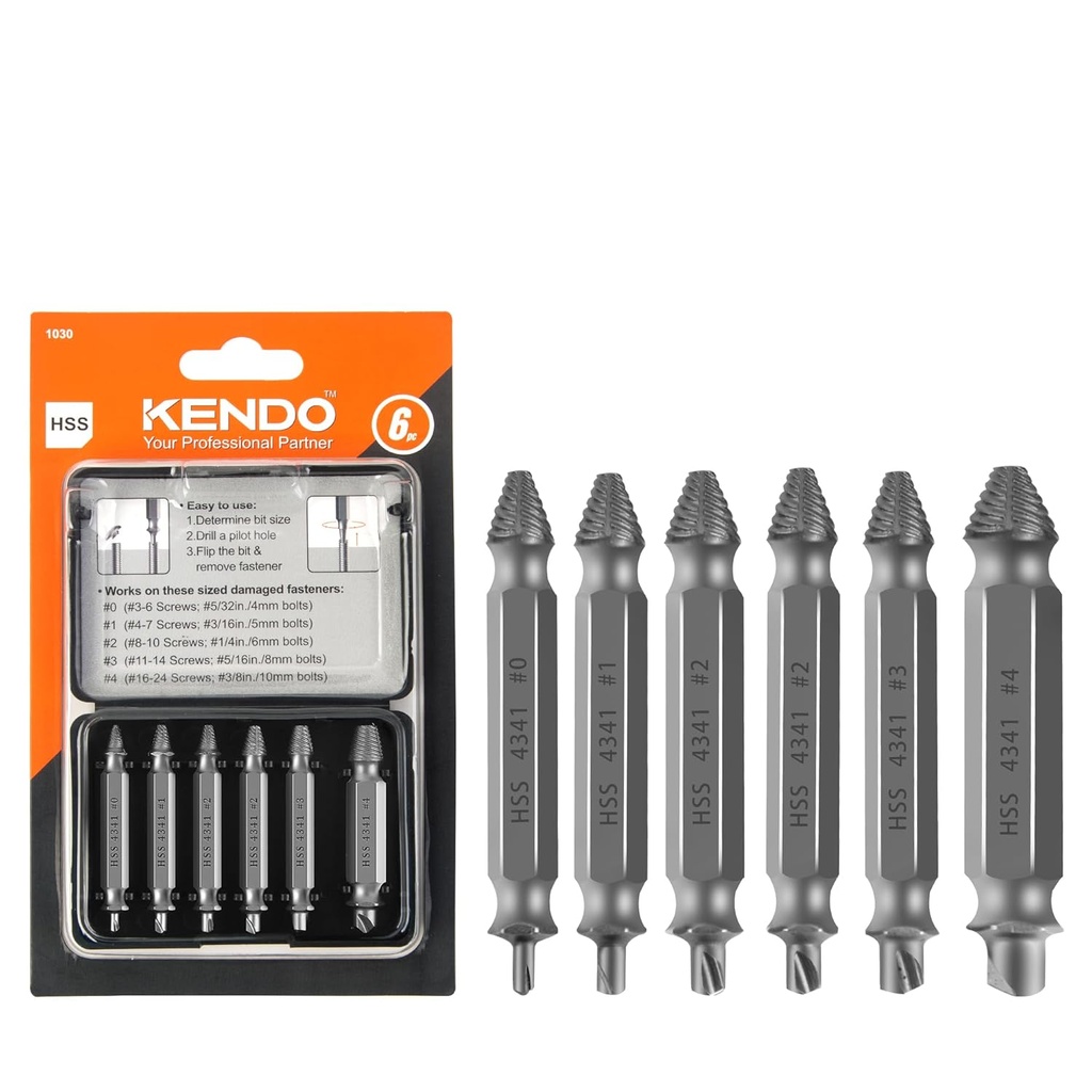 KENDO 6PC HSS Damaged Screw Extractor Set - Remover for Stripped Screws Nuts & Bolts, Drill Bit Tools for Easy Removal of Rusty & Broken Hardware, Easy Removal of Rusty Broken Hardware Gift