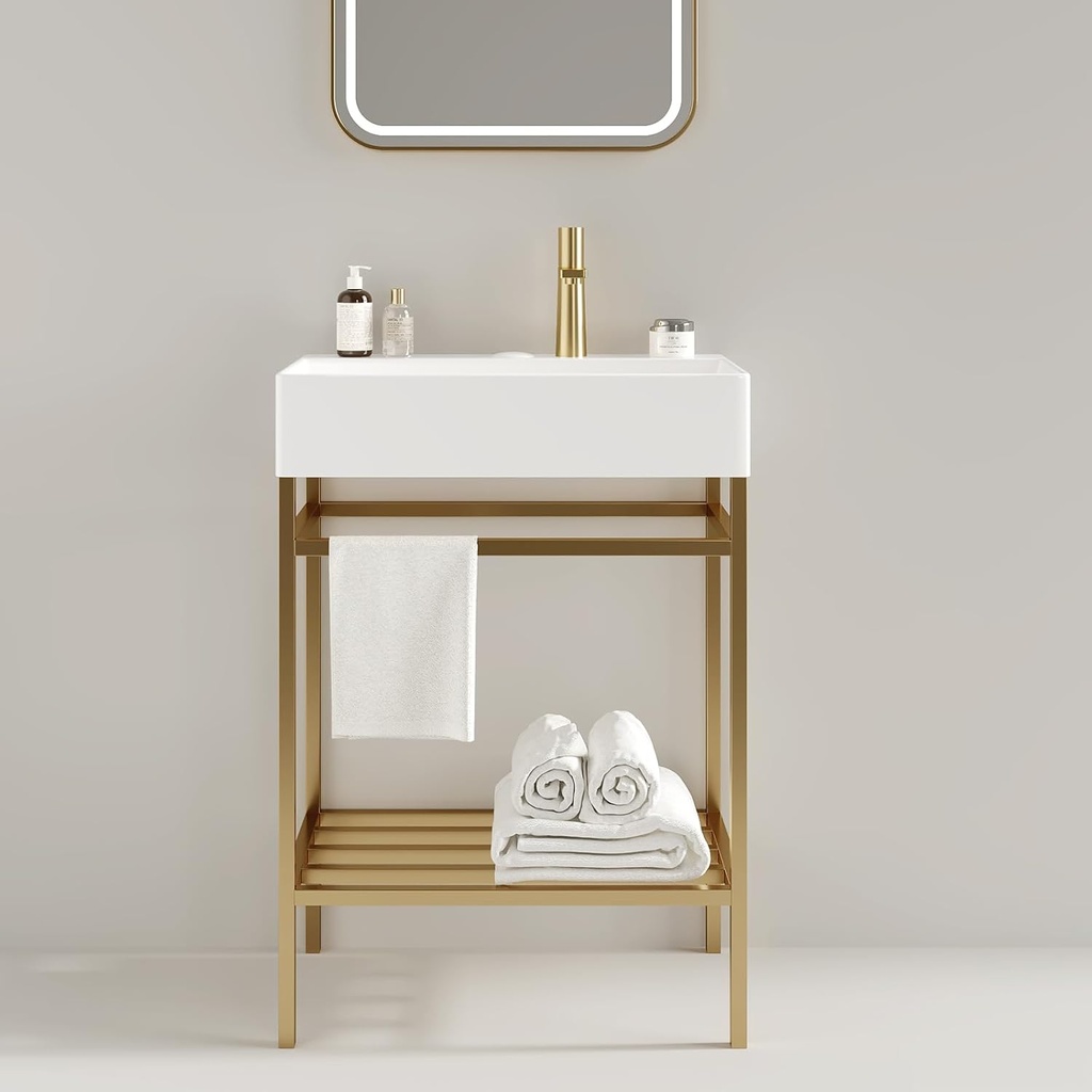 24 Inch Bathroom Vanity with Ceramic Basin, Freestanding Bathroom Console Sink Set, White Rectangular Integrated Basin Without Faucet, Gold Open Metal Leg, Storage Shelves, Pop Up Drain