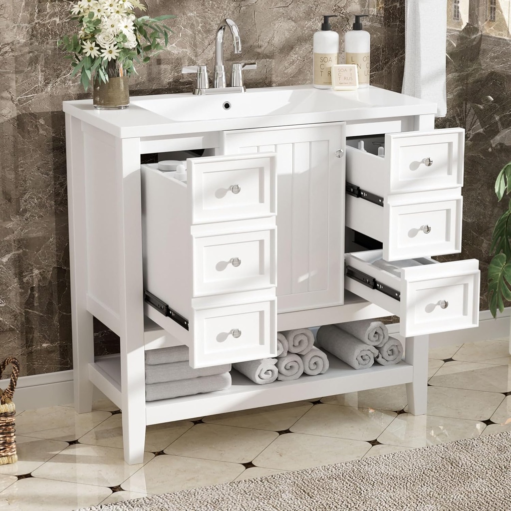 Merax 36" Vanity Bathroom Cabinet with Sink Top, Three Multi-Functional Drawers, Open Storage Space, Adjustable Shelf, White
