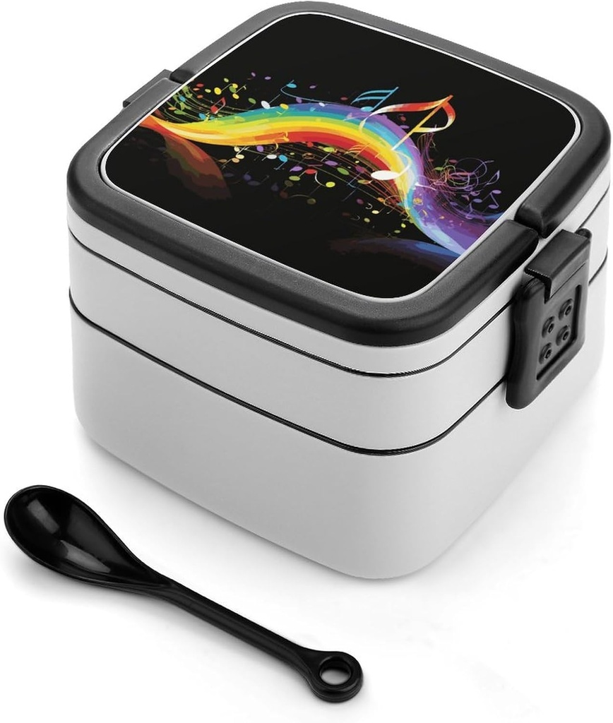 Rainbow Musical Note Melody Bento Box for Adults Double Layer Lunch Box with Spoon And Invisible Handle Microwave Dishwasher Safe Leak Proof Meal Prep Lunch Containers for Office Picnic