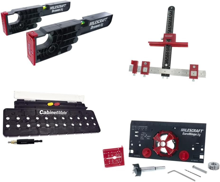 Milescraft 7300 Cabinet Kit – Cabinet Hardware Jig, Shelf Pin Jig, Hinge Jig and Drawer Slide Jig. Cabinet Handles, Drilling Jig, Euro Concealed Hinge Jig, Drawer Installation Jig – Ultimate Bundle