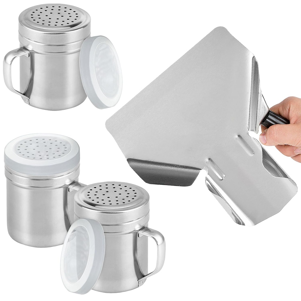 [1-pcs] Concession Popcorn Scoop + [3-pcs] 10 oz Metal Salt Pepper Dredge Shakers (Medium Holes) with Lids and Handles Bundle