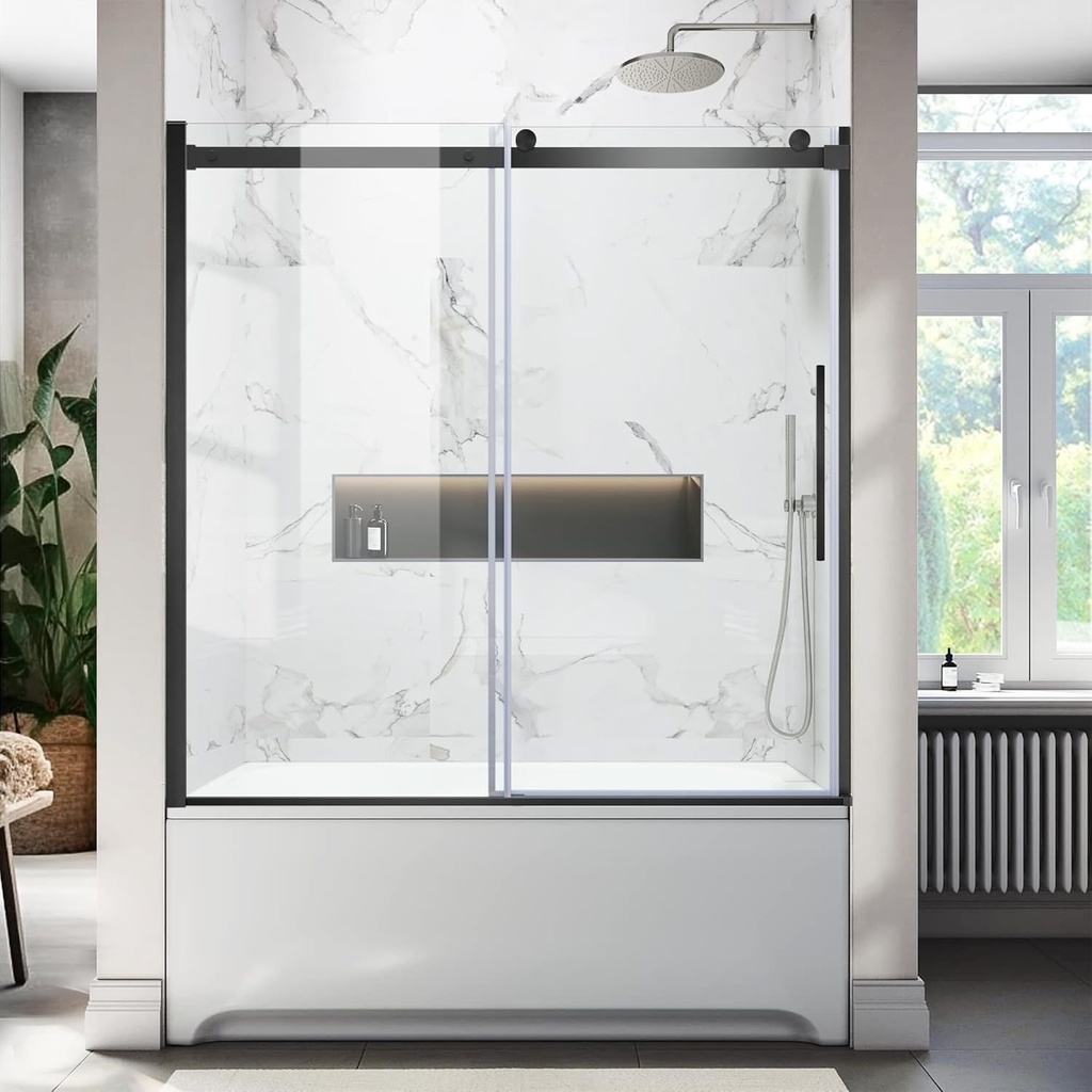 Bathtub Shower Glass Sliding Door, Fixed Framed Bypass Tub Glass Doors 58"-59" W*60" H, 5/16"(8mm) Thick Clear Tempered Glass Door, Matte Black