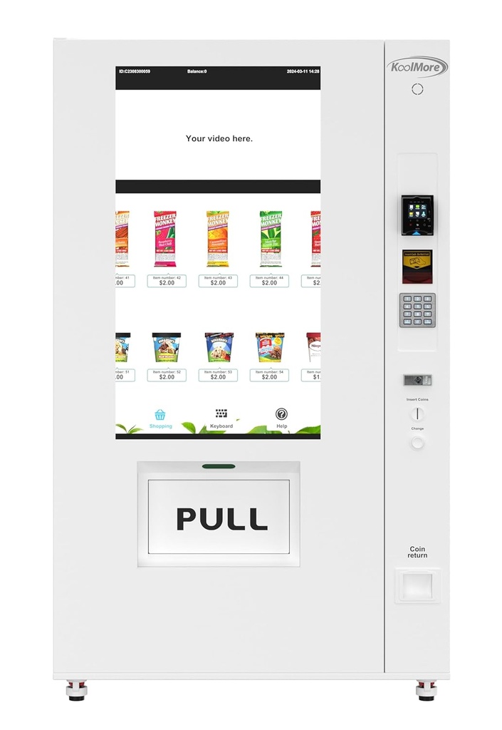 KoolMore KM-VMFWT-36BCR 45 in. Commercial Ice Cream Vending Machine, Ample 49 in. Touch Display, Bill and Coin Acceptor, Credit Card Reader in White, 44 Slots/Large Screen Freezer