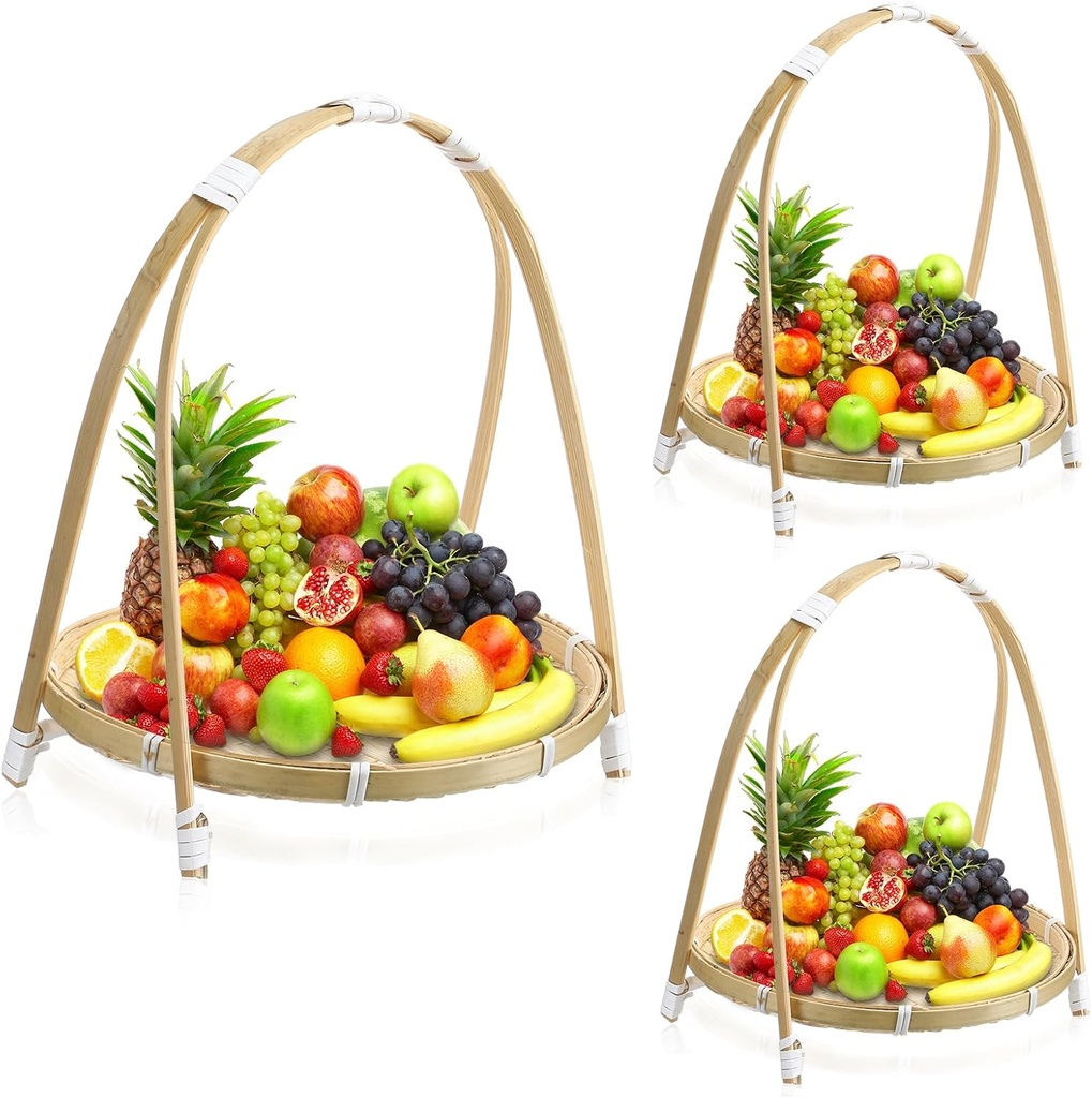 3 Pack Round Bamboo Serving Trays Woven Apple Basket Bamboo Flat Wicker Fruit Stand for Food Storage Fruit Snacks DIY Drawing Wall Hanging Decoration
