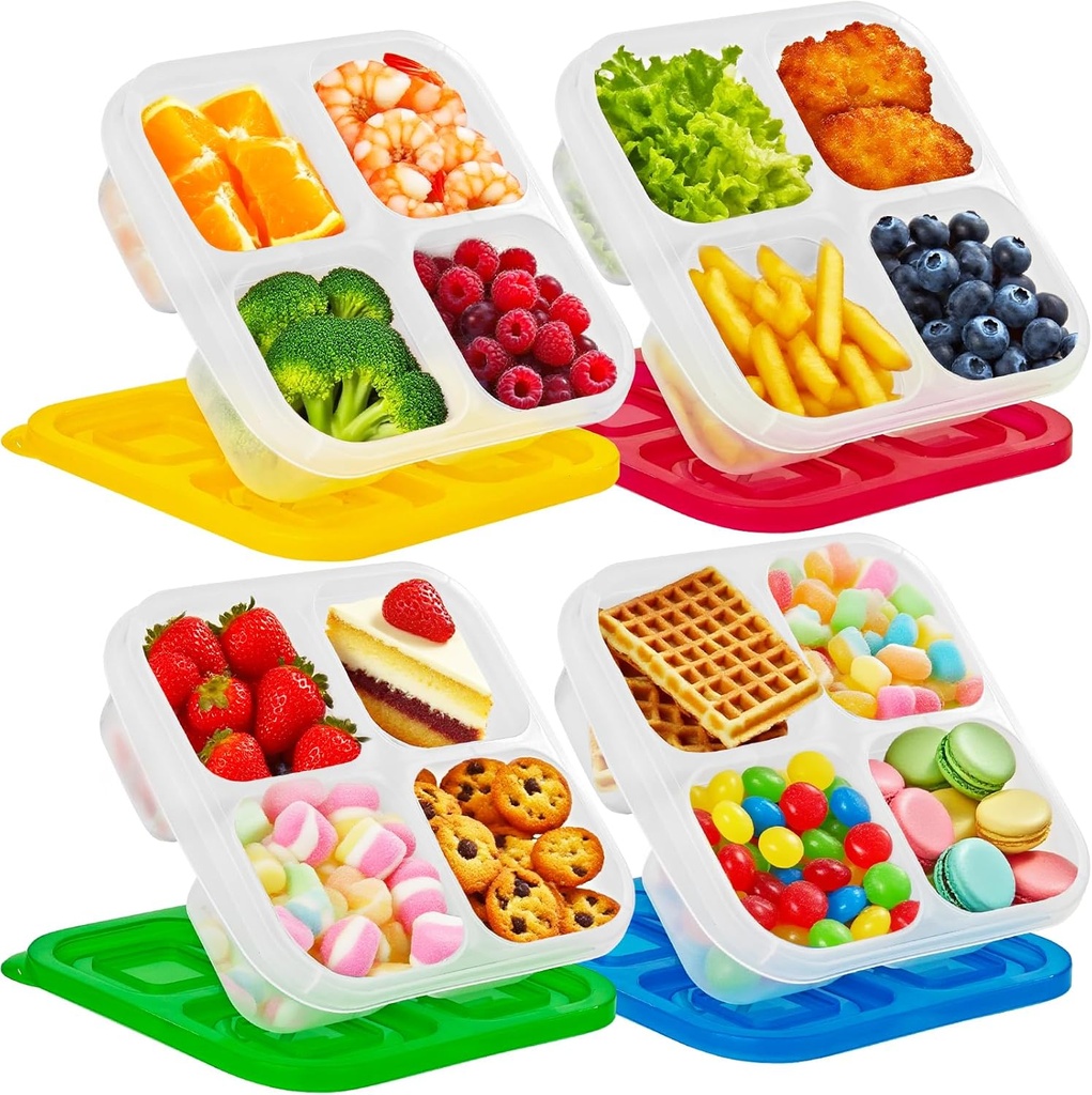 10 Pack Reusable Plastic Snack Bento Boxes,4-Compartment Lunch Containers,Divided Food Storage Container with Lid for Travel,School,Work