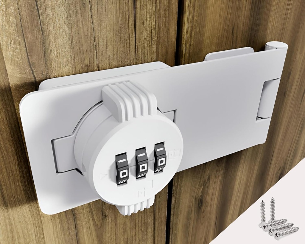 Keyless Combination Lock – 3-Digit Cabinet Door Lock with Twist Knob – Hasp Latch Password Code Lock – Zinc Alloy Security Lock for Kitchen Drawers, Cupboards, Lockers, Safes, Closets (White)