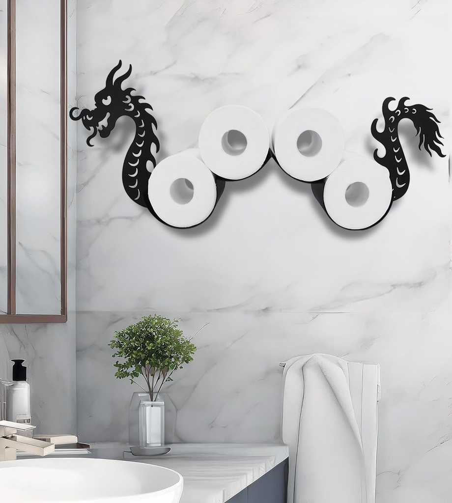 Euroet Dragon Metal Wall Wall-Mounted Toilet Paper Holder, Black, Cute & Sturdy Design, Holds Up to 5 Extra Rolls