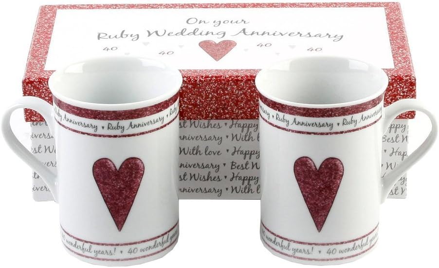 Haysom Interiors Beautifully Designed 40th Ruby Wedding Anniversary Set of Ceramic Mugs with Hearts | Dishwasher and Microwave Safe with Decorative Keepsake Box