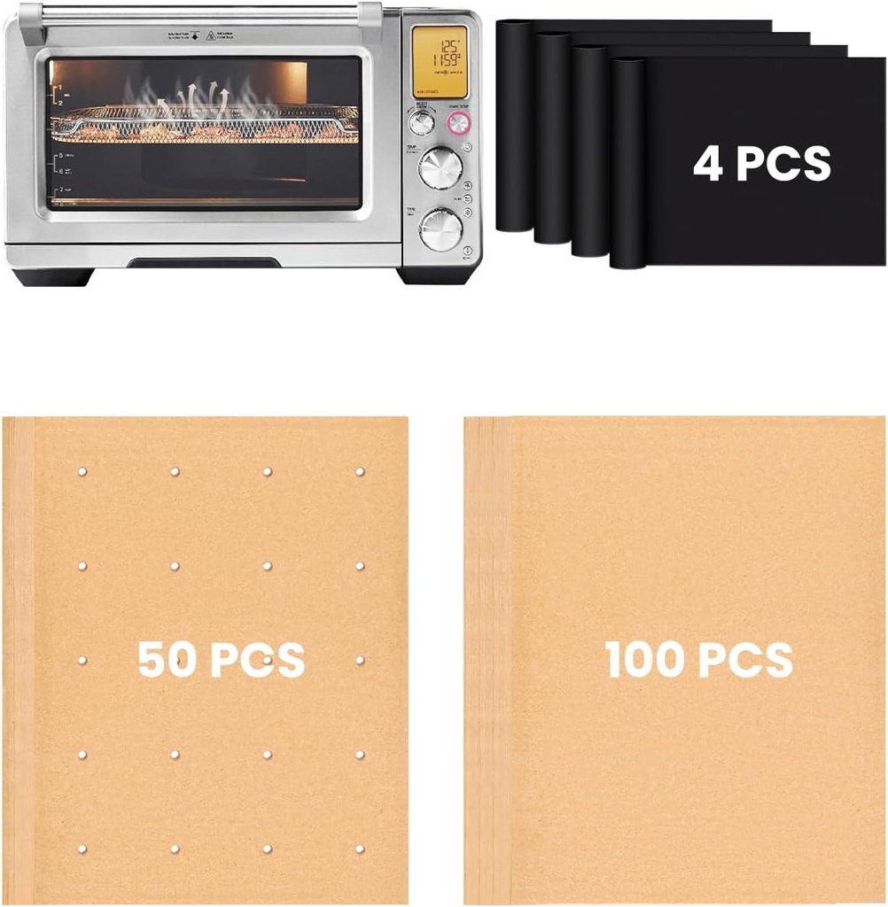154PCs Air Fryer Liners Compatible with Breville BOV900BSS Smart Oven Air Fryer Pro, 100PCS Parchment Paper, 50PCS Perforated Liners, 4PCS Teflon Baking Mats Accessories for BOV900 Series