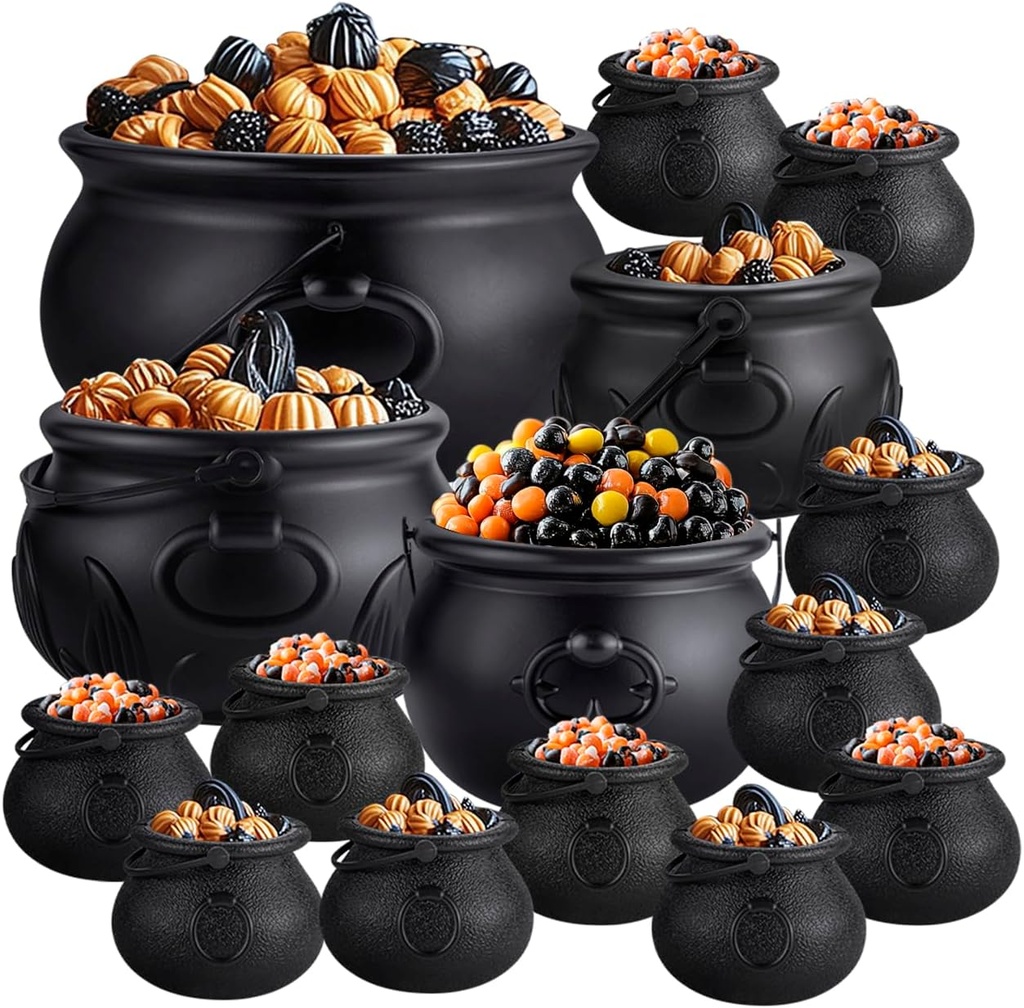 15 in 1 Package (12.8”, 9.8”, 7.6”, 5.7”, 2.7”) Large Black Plastic Witch Cauldron Kettle - Cauldrons Halloween Pot Candy Holder for Halloween Decor Party Supplies