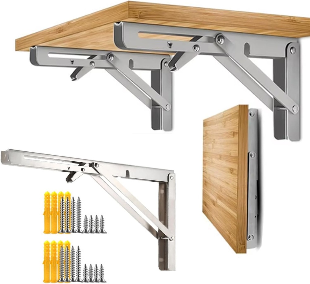 Folding Shelf Brackets, 2 Pcs Heavy Duty Collapsible Shelf Bracket, DIY Wall Mounted Folding Table Hinge, Space Saving for Bench Table with Screws (Silver, 10 in)