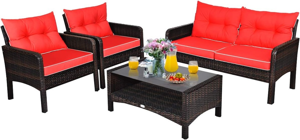 Tangkula 4 Piece Patio Furniture Set, Outdoor Wicker Conversation Set with Glass Top Coffee Table, All Weather Proof and Thick Cushions, Suitable for Porch, Garden, Poolside and Lawn (Red)