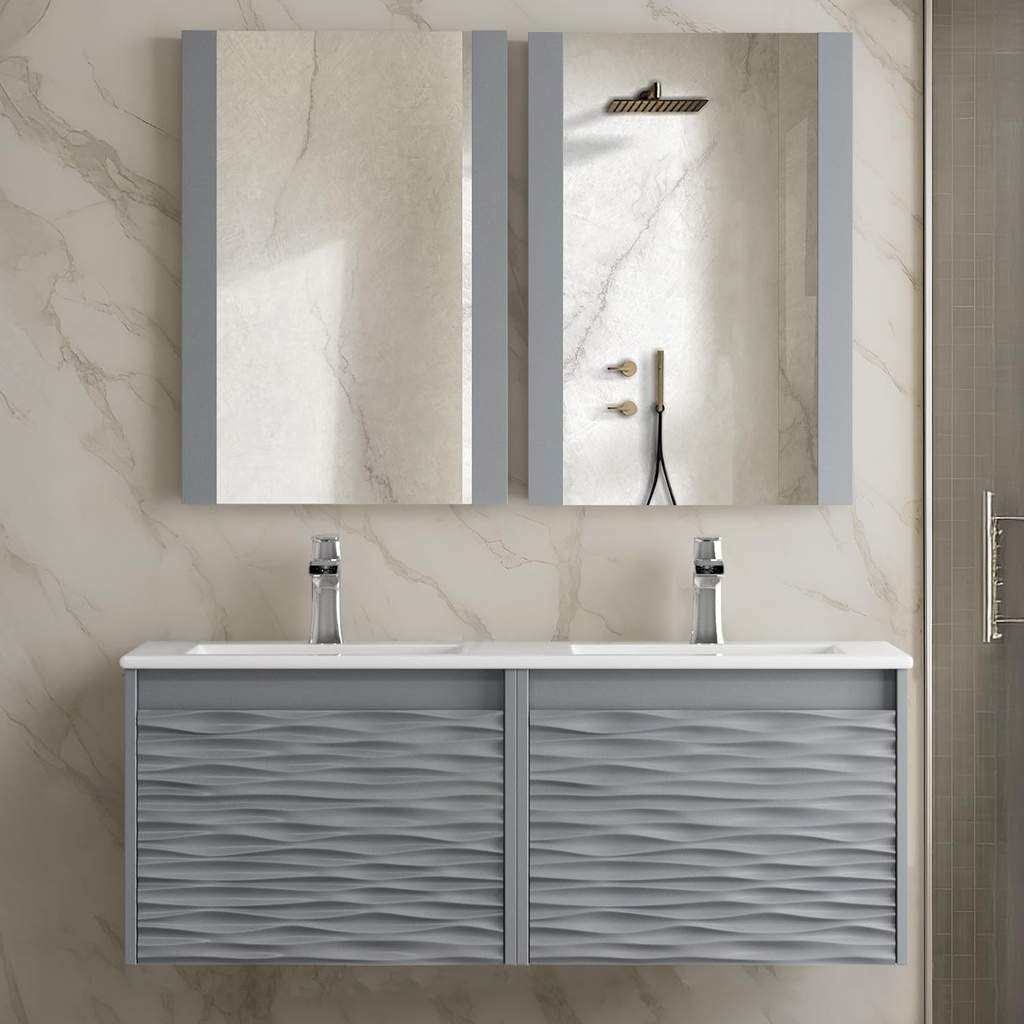 Blossom 48 Inch Double Sink Bathroom Vanity and Mirror, All Wood Floating Bathroom Vanity Cabinet with Ceramic Sink, Sink Cabinet with Soft Close Drawer, Modern Vanities with Storage, Metal Grey