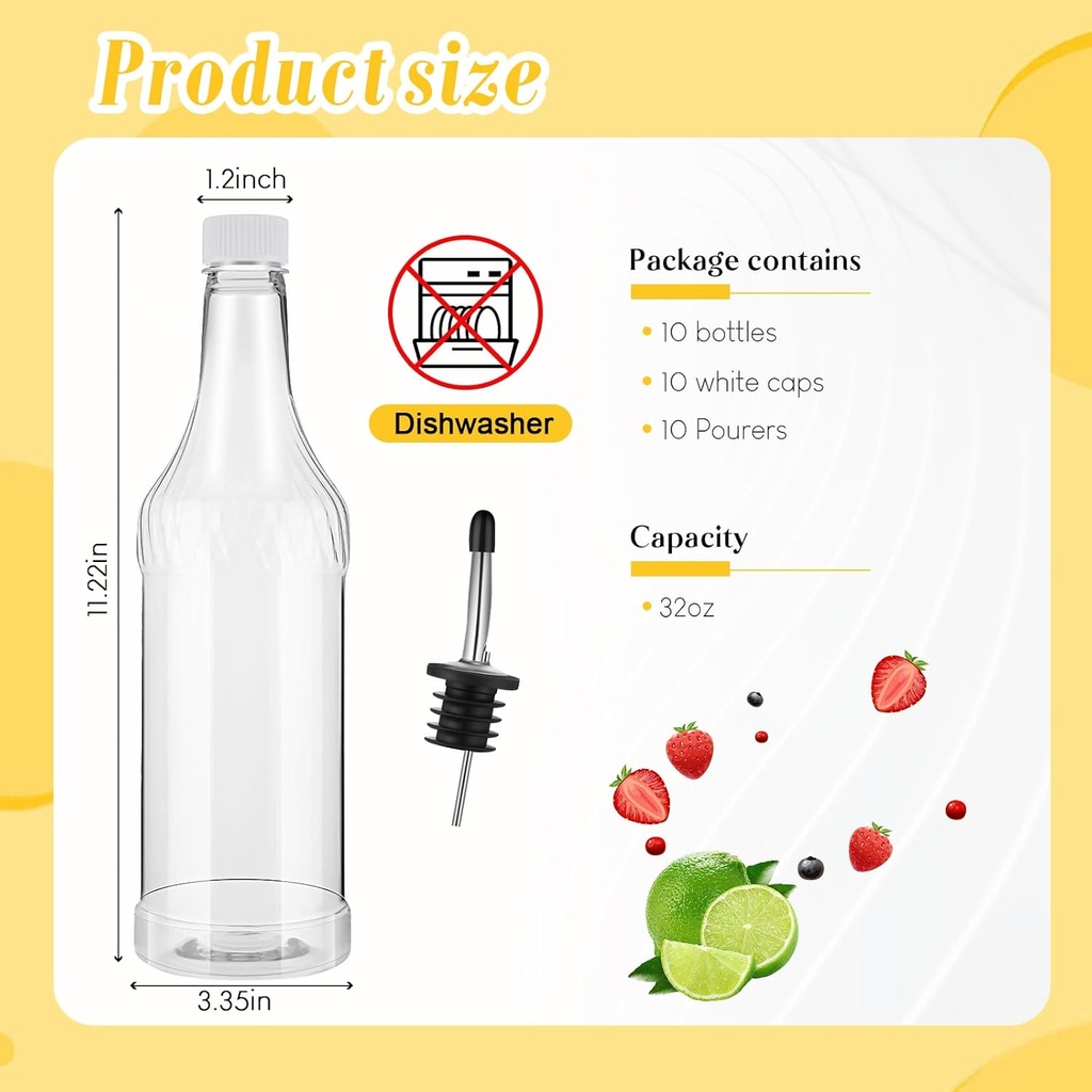 Dandat 20 Pcs 32 oz Plastic Long Neck Bottles with Pourer and Caps Plastic Juice Pour Bottles with Stainless Steel Pourer Tapered Spout for Liquor Juice Store (Sliver)