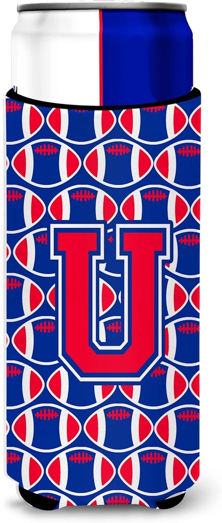 Letter U Football Crimson and Yale Blue Ultra Beverage Insulators for slim cans