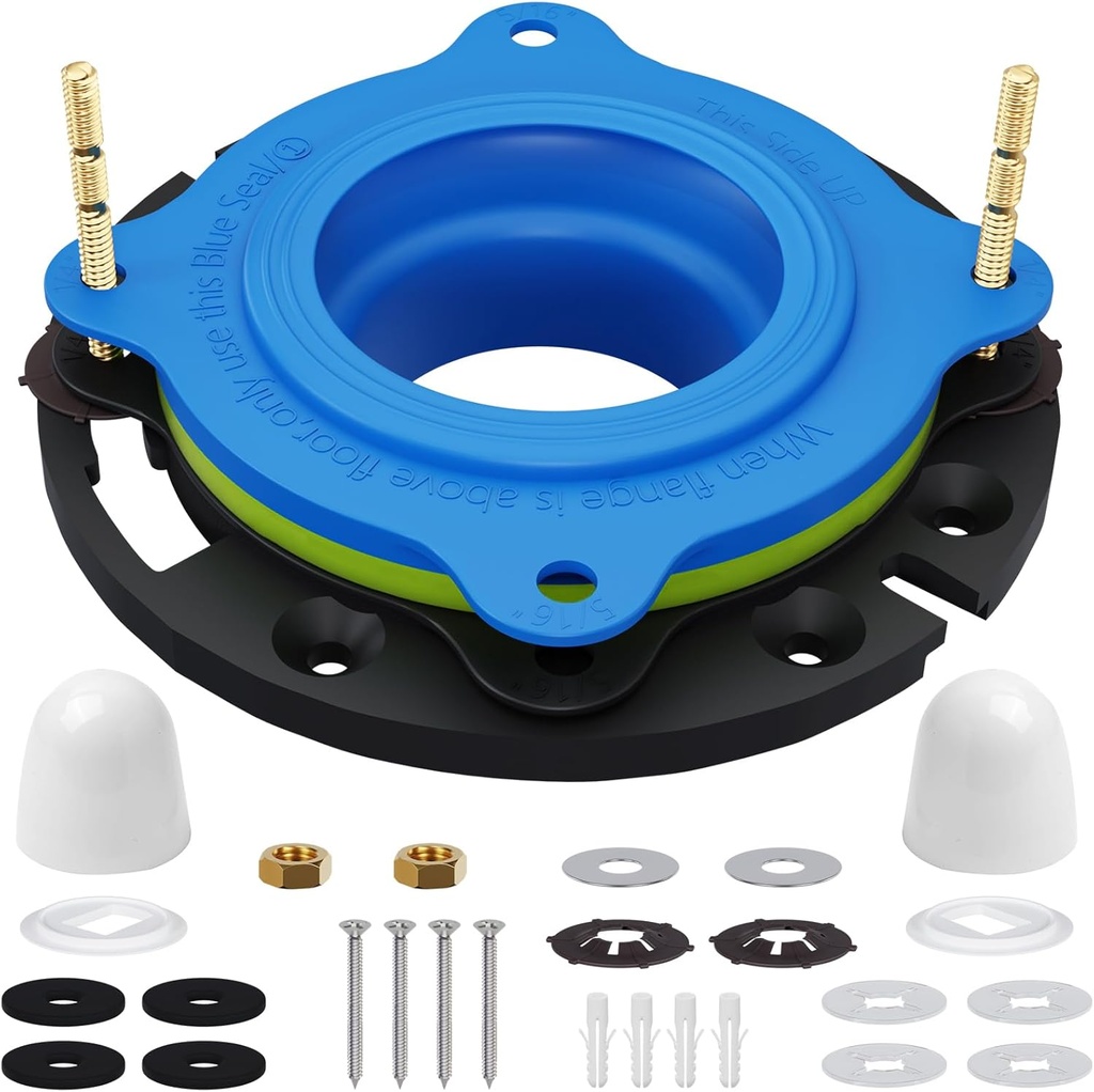 Toilet Flange Repair Kit with Flange & Elastic Wax Ring for Toilet Install, Toilet Ring Seal, Rubber Toilet Gasket Seal Replacement Kit Include Hardware Nuts, Washer, Bolts and Bolt Caps