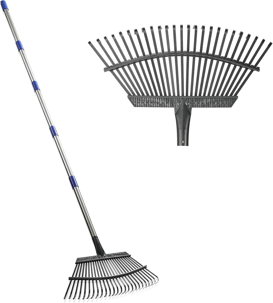 Garden Leaf Rake, Shrub Rake for Leaves Long Handle Heavy Duty, 18" Width Metal Mulch Rake for Gardening, Flower Beds, Lawn, Yard, 6ft