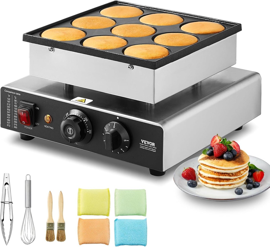 VEVOR Dutch Pancake Maker, 9PCS 76mm Diameter Dorayaki Baker Machine, 850W Commercial Electric Poffertjes Grill, Non-stick Stainless Steel, Temp & Time Control, for Home Kitchen Restaurant Snack Bar
